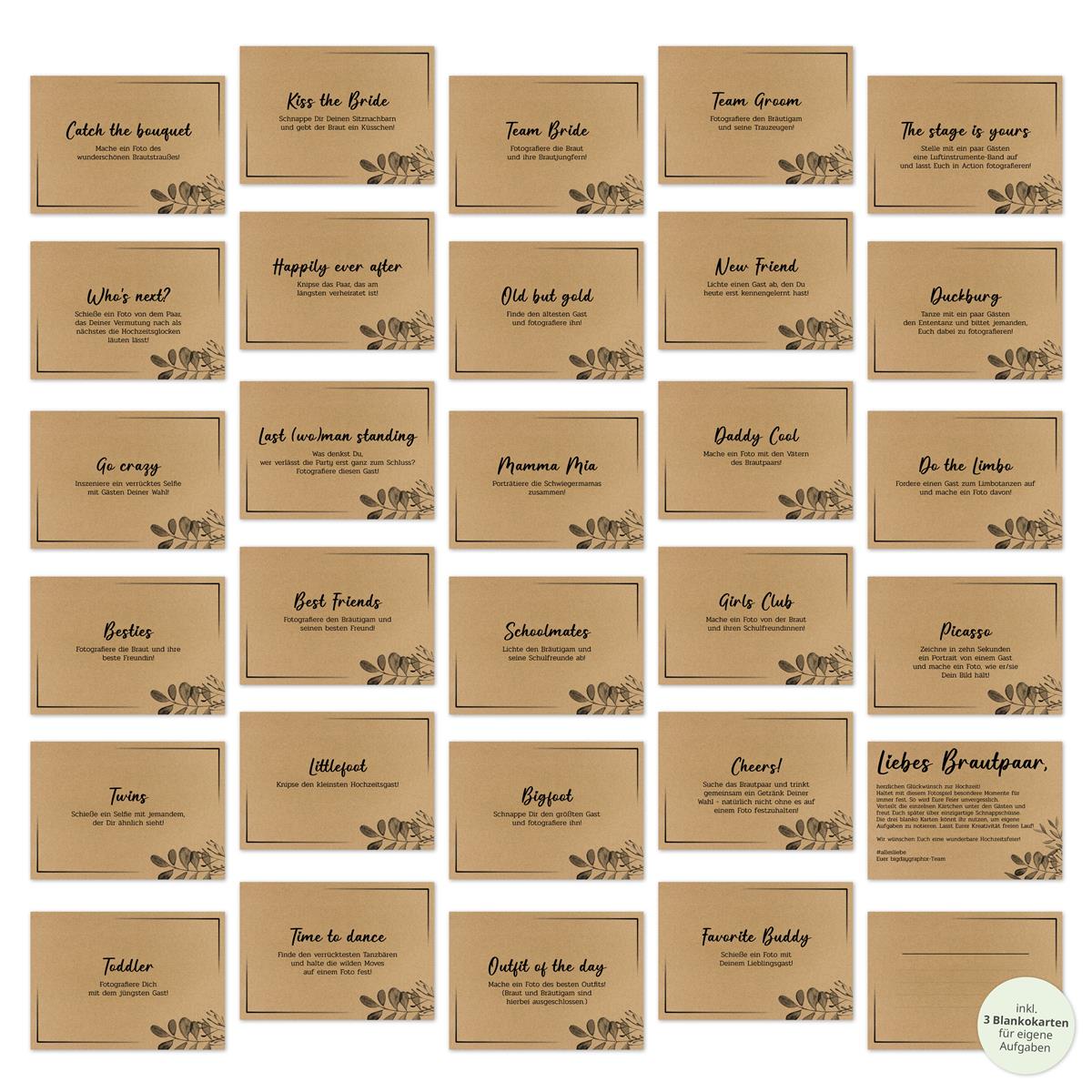 Fotospiel Hochzeit I 55 Fotoaufgaben I Hochzeitsspiele für Gäste I alternatives Gästebuch Hochzeit I Kraftpapier I Format DIN A7