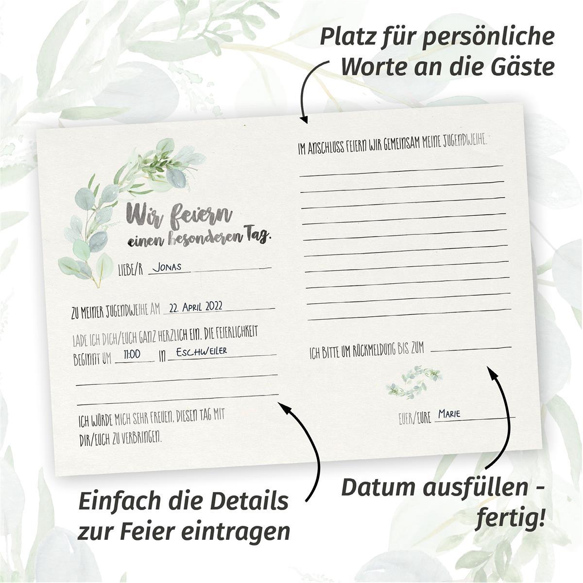 10 Einladungskarten Jugendweihe - Eukalyptus
