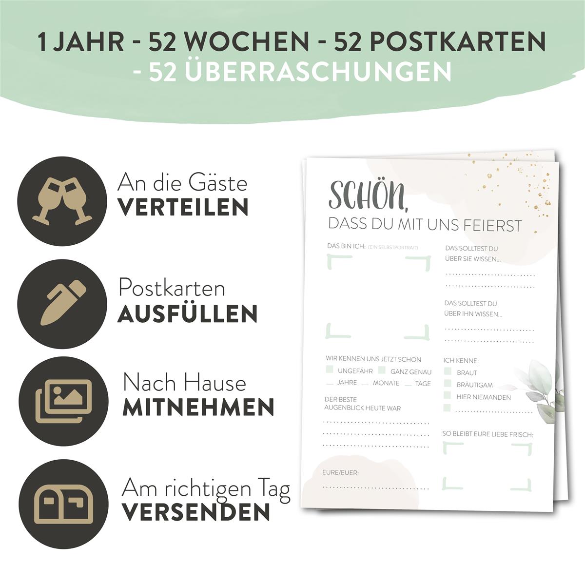 Hochzeitsspiel Postkarten Gästebuchspiel mit Fragen Geschenk Brautpaar Greenery