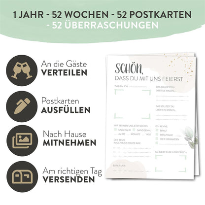 Hochzeitsspiel Postkarten Gästebuchspiel mit Fragen Geschenk Brautpaar Greenery