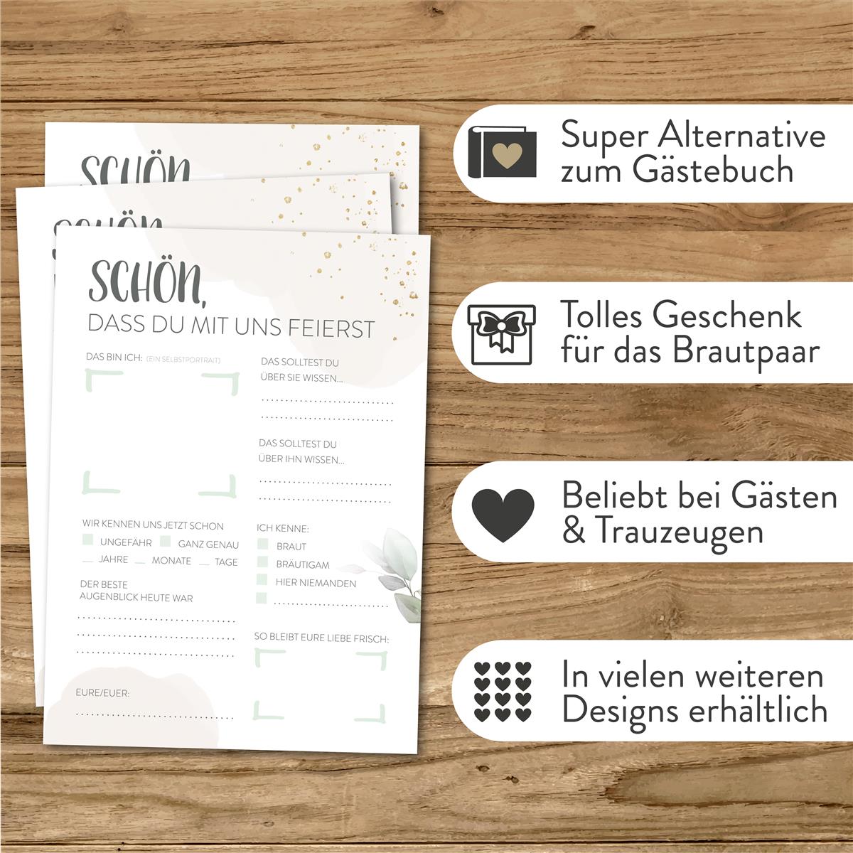 Hochzeitsspiel Postkarten Gästebuchspiel mit Fragen Geschenk Brautpaar Greenery