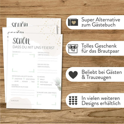Hochzeitsspiel Postkarten Gästebuchspiel mit Fragen Geschenk Brautpaar Greenery