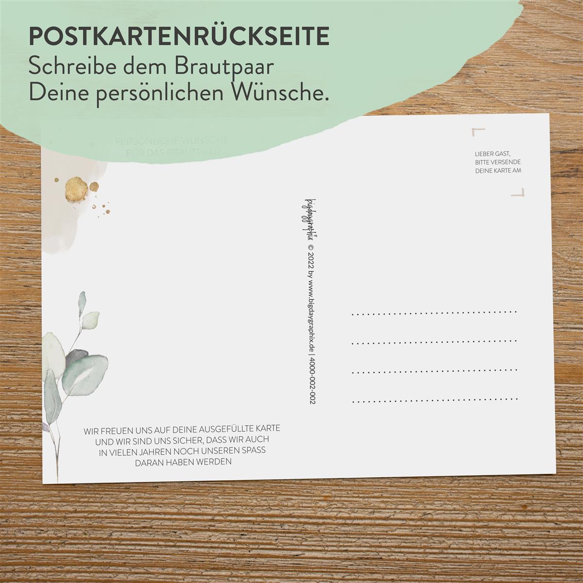 Hochzeitsspiel Postkarten Gästebuchspiel mit Fragen Geschenk Brautpaar Greenery