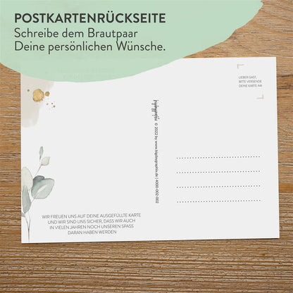 Hochzeitsspiel Postkarten Gästebuchspiel mit Fragen Geschenk Brautpaar Greenery