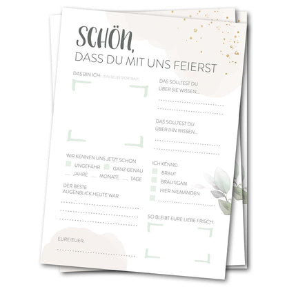 Hochzeitsspiel Postkarten Gästebuchspiel mit Fragen Geschenk Brautpaar Greenery