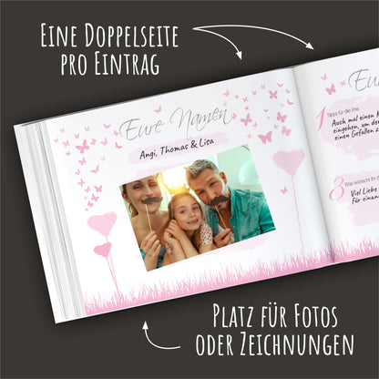 Gästebuch mit Fragen - Butterflyheart rosa