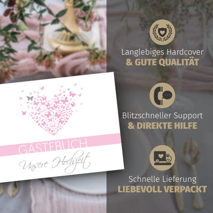 Gästebuch mit Fragen - Butterflyheart rosa