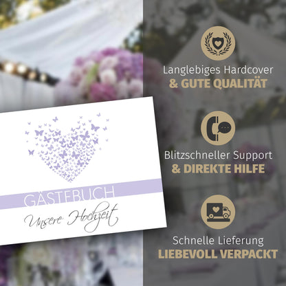 Gästebuch mit Fragen -  Butterflyheart flieder