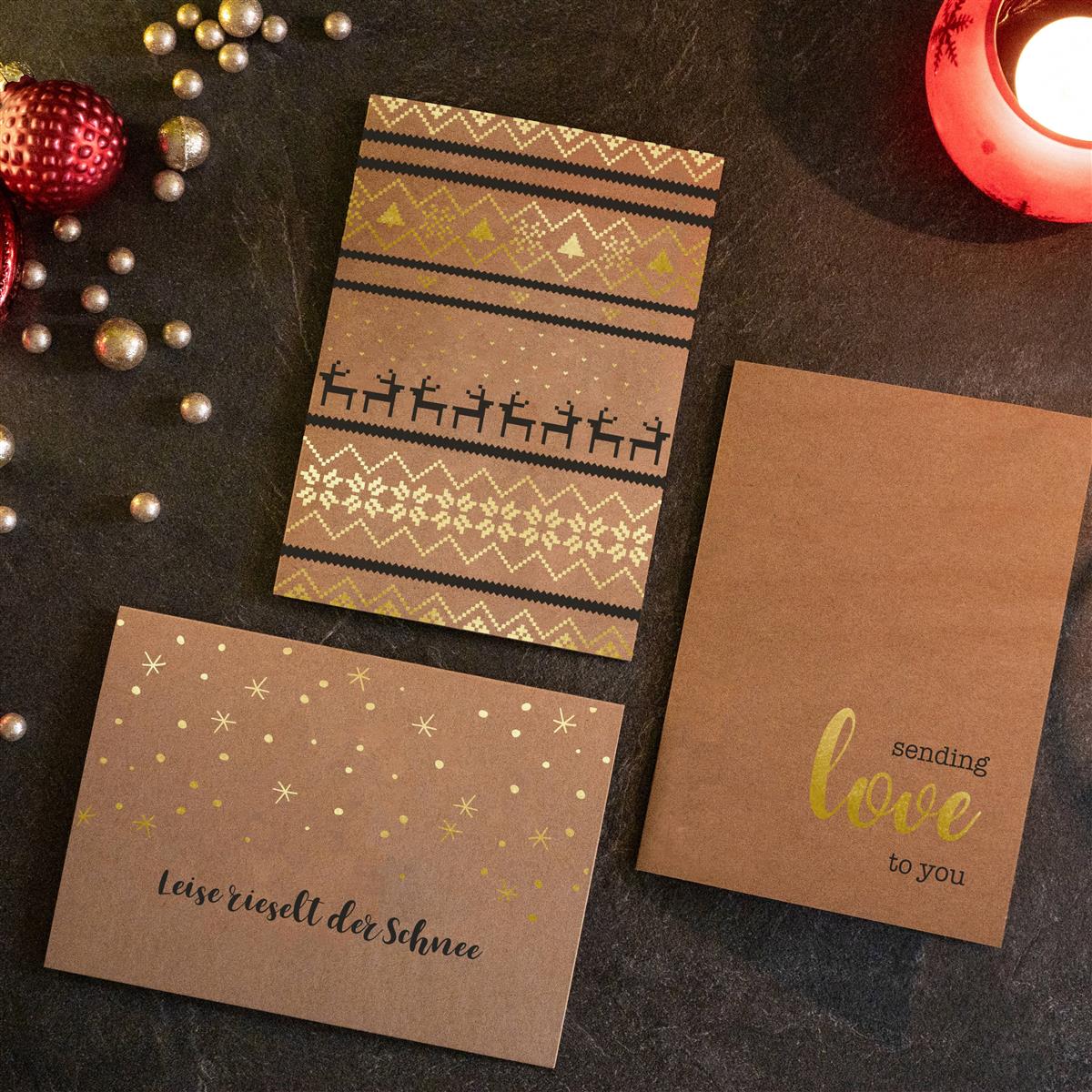 Weihnachtspostkarten - Kraftpapier mit Goldfolie